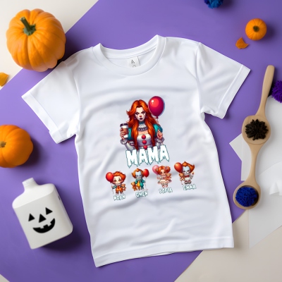 Personalized Horror Mom and Kid Pattern Shirt with 1-4 Names, Spooky Halloween T-Shirt/Sweatshirt, Family Party Favor, Halloween Gift for Mom/Family