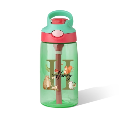 Personalized Name Woodland Animals Pattern Toddler Water Bottle, 16oz Kids Cup with Straw & Handle, Back to School/Birthday Gift for Kids/Boys/Girls