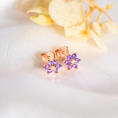 Custom Floral Birthstone Stud Earrings, Sterling Silver 925 Tiny Dainty Flower Women's Jewelry, Birthday/Christmas/Mother's Day Gifts for Her/Mom