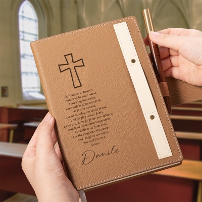 Personalized Name Cross Lord's Prayer Design Notebook with Wooden Pen, PU Leather Cover Journal for Bible Study, Christmas Gift for Christian/Family