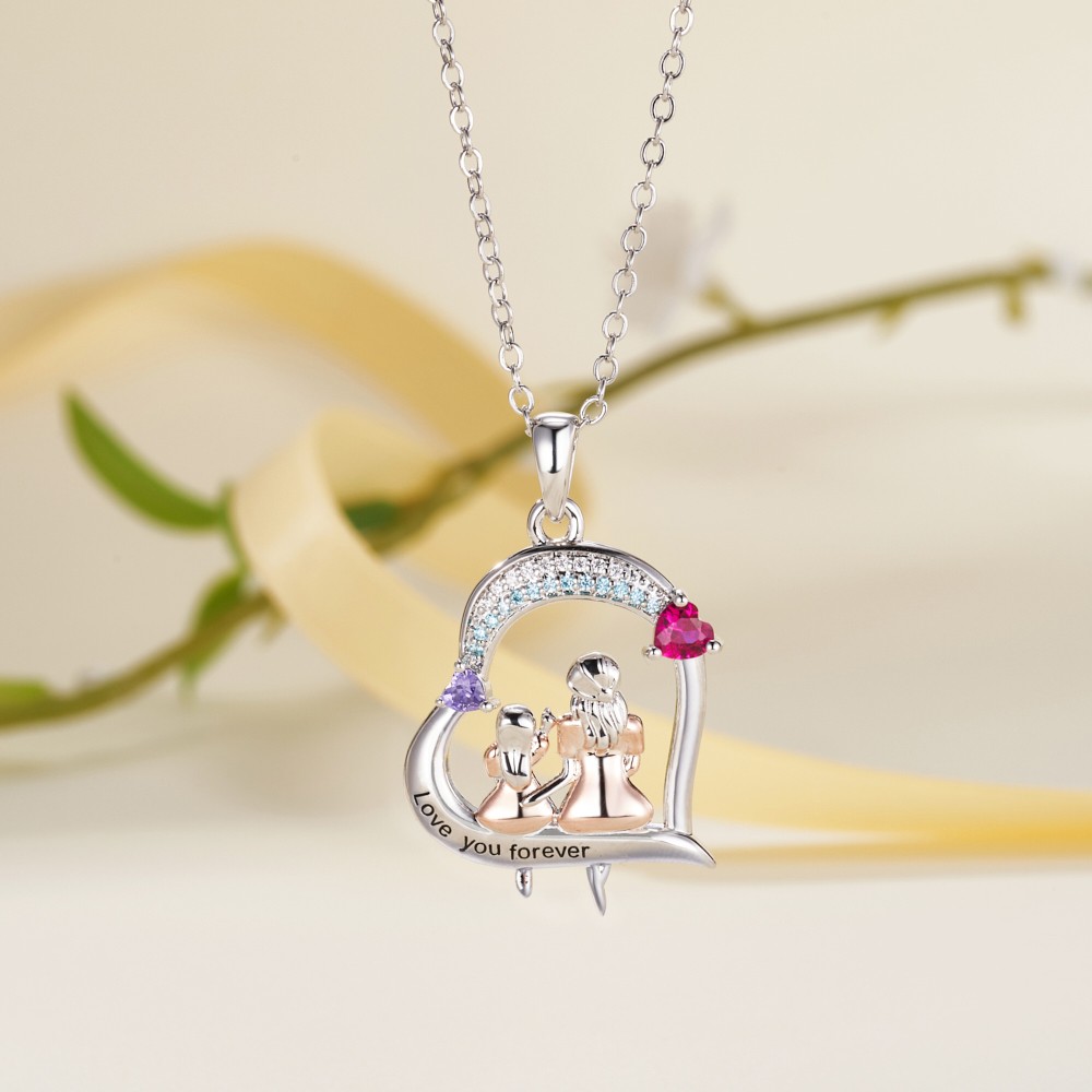 mother and daughter heart necklace with birthstone