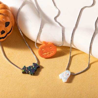 Halloween Pumpkin Fire Opal Necklace, Cute Ghost Necklace, Black Bat Necklace, Women's Dainty Spooky Jewelry, Halloween Gift for Her/Mom/Family/Friend