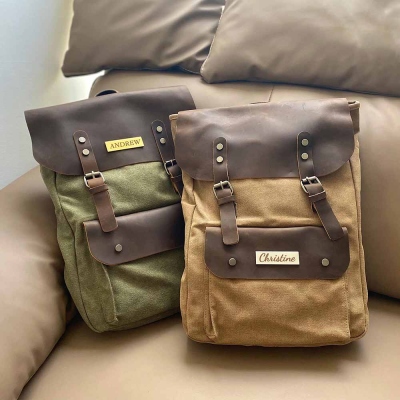 Personalized Name Tag Travel Backpack, Canvas Leather Backpack, Large Capacity Commuter Laptop Backpack, Christmas Gift