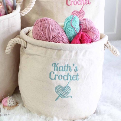 Personalized Name Knitting Storage Basket, Canvas Storage Basket for Crochet, Christmas Gift, Birthday Gift, Gift for Her