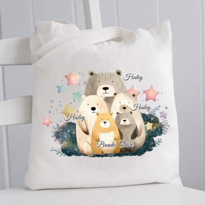 Personalized Names & Bears Family Handbag, Large Capacity Canvas Bag, Reusable Shopping Bag, Birthday/Mother's Day/Christmas Gift for Her/Mom/Family