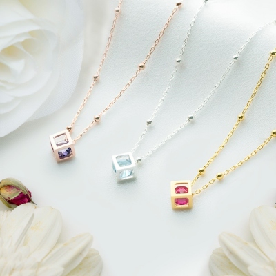 Personalized Birthstone Necklace in Cube, Dainty Cube Charm Necklace, Women's Jewelry, Christmas/Birthday/Anniversary Gift for Bestie/Girlfriend/Wife