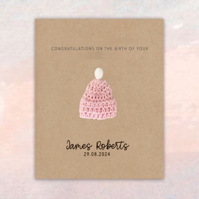 Personalized Crochet Design Congratulations on Birth Greeting Card, Custom Name & Date Welcoming New Baby Card, Baby Shower Gift for New Parents