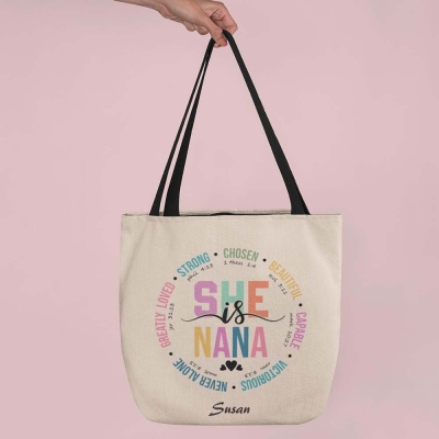 Custom Name She Is Nana Tote Bag, Nana Tote Bag, Grandma Gift, Grandma Birthday Gift, Promoted to Grandma, Gift for Grandma
