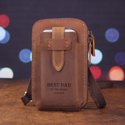 Personalized Leather Belt Pouch, Handmade Waist Bag, Leather Crossbody Bag with Card Holder, Custom Men‘’s Phone Holster Bag, Gifts for Dad