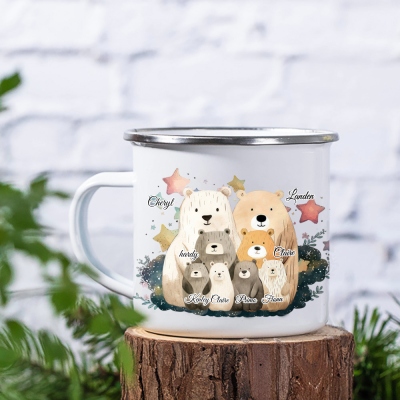 Personalized Name Bear Family Design Enamel Mug, 11oz Shatterproof Water Cup with Handle, Family Party Favors, Birthday/Christmas Gift for Family/Kids