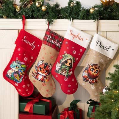 Custom Name DND Class Cartoon Characters Christmas Stockings, Christmas Stocking, Velvet Stockings, Linen Stockings, Flannel Stockings Christmas Gift
