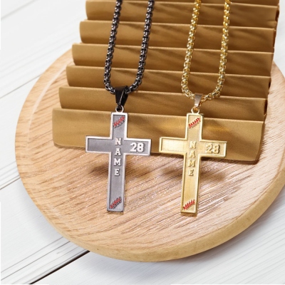 Custom Name & Number Sports Cross Necklace, Engraved Baseball Basketball Football Soccer Necklace, Sports Jewelry, Gift for Sports Lovers/Players