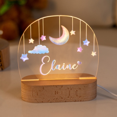 Custom Name Colorful Moon & Stars Night Light, Acrylic Plaque LED Lamp with Wooden Base, Nursery Room Decor, Birthday/Christmas Gift for Newborn/Kids