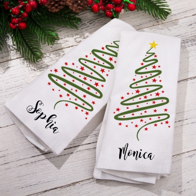 Custom Name Christmas Tree Waffle Weave Dish Towel, Absorbent Tea Towel, Kitchen Accessory, Housewarming/Christmas Gift for Hostess/Chef/Mom/Family