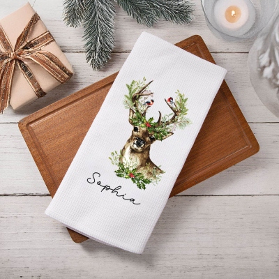 Custom Name Christmas Reindeer Waffle Weave Dish Towel, Absorbent Tea Towel Kitchen Accessory, Housewarming/Christmas Gift for Hostess/Chef/Mom/Family