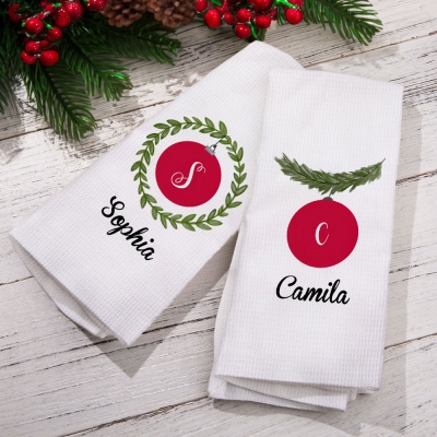 Custom Name Christmas Ball Ornament Waffle Weave Dish Towel, Absorbent Tea Towel Kitchen Accessory, Housewarming/Christmas Gift for Hostess/Mom/Family