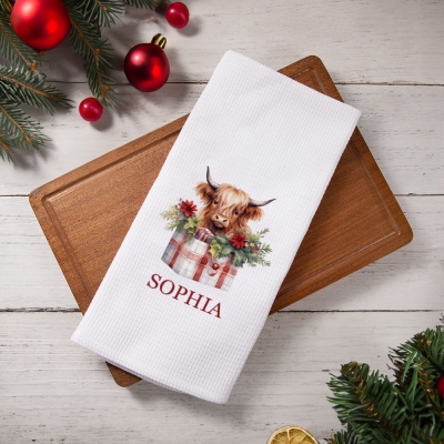 Custom Name Christmas Highland Cow Waffle Weave Dish Towel, Absorbent Tea Towel, Kitchen Accessory, Housewarming/Christmas Gift for Hostess/Mom/Family