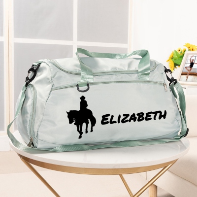 Custom Name Horse Riding Duffle Bag, Waterproof Travel Weekender Bag with Strap, Dressage Design Overnight Bag, Gift for Horse Lovers/Equestrians