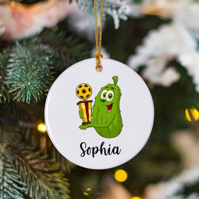 Custom Name Cartoon Pickled Cucumber with Pickleball Christmas Ornament, Ceramic Hanging Decor, Christmas Gift for Pickleball Lovers/Family/Friends