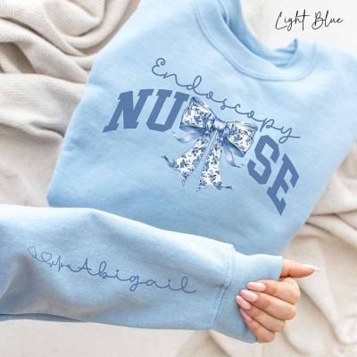 Personalized Endoscopy Nurse Bow Sweatshirt, Endoscopy Nurse Shirt, Endoscopy Shirt, Blue Ribbon Sweater, Endoscopy Gift, Endoscopy RN Shirt