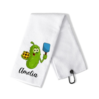 Custom Name Cartoon Pickled Cucumber with Pickleball Waffle Weave Towel, Absorbent Sports Sweat Towel with Hanging Clip, Gift for Pickleball Lovers