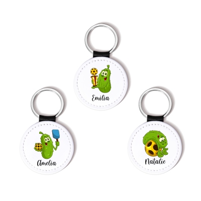 Personalized Name Cartoon Pickled Cucumber with Pickleball Leather Keychain, Bag Charm Backpack Accessory, Gift for Pickleball Lovers/Family/Friends