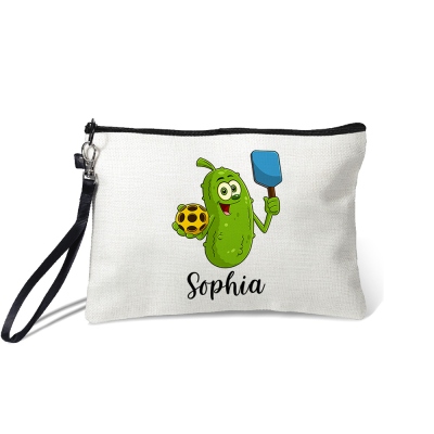 Personalized Name Cartoon Pickled Cucumber with Pickleball Cosmetic Bag, Linen Makeup Pouch with Zipper & Wrist Strap, Gift for Pickleball Lovers