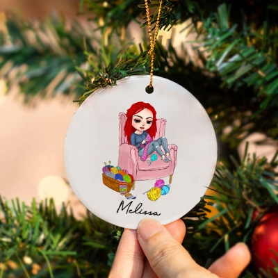 Personalized Cartoon Character Christmas Tree Ornament with Name, Custom Crochet Girl Ceramic Hanging Decor, Christmas Gift for Crochet Lovers/Her