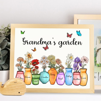 Personalized Names & Birth Flowers Grandma's Garden Wall Art Print Frame, Family Wooden Sign, Home Decor, Birthday/Mother's Day Gift for Mom/Grandma