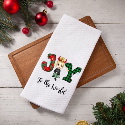 Personalized Christmas Cartoon Character Kitchen Towel, Joy to This World Christmas Tea Towel, Kitchen Decor, Christmas/Housewarming Gift for Family