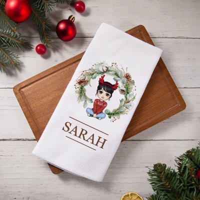 Personalized Christmas Cartoon Character Wreath Tea Towel with Name, Kitchen Decoration, Christmas/Housewarming Gift for Mom/Grandmom/Family