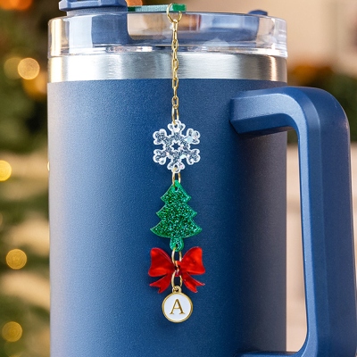 Personalized Initial Christmas Tumbler Charm, Christmas Tree Snowflake Cup Accessory with Initial Disc, Christmas Gift for Her/Family/Friends