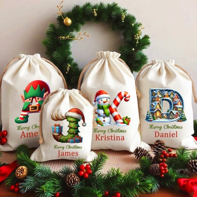 Personalized Name Initial Christmas Gift Bag, Elf/Tree/Snowman/House Letter Design Santa Sack, Christmas Party Favors, Christmas Gift for Kids/Family