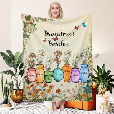 Custom Mother/Grandma's Garden Blanket with 1-10 Names & Birth Flowers, Soft Cozy Throw for Bed Couch, Birthday/Mother's Day Gift for Mom/Grandma