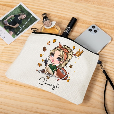 Personalized Fashion Rugby Girl Cosmetic Bag with Name, Portable Linen Makeup Bag with Wrist Strap & Zipper, Birthday/Christmas Gift for Girl/Woman