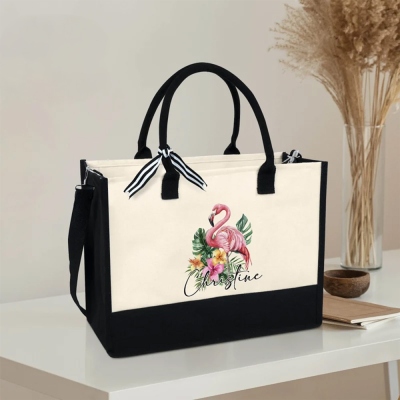 Custom Name Floral Flamingo Tote Bag, Waterproof Large Capacity Canvas Bag, Flamingo Aesthetic, Christmas/Birthday Gift for Flamingo Lovers/Mom/Women