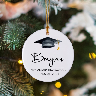 Personalized Name Graduation Cap Ornament, Ceramic Holiday Tree Hanging Decor, Class of 2024 Graduation Keepsake, Christmas Gift for Graduates