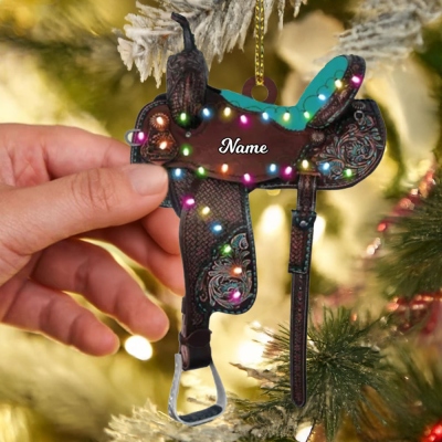 Custom Name 2D Colored Lights Horse Saddle Ornament, Acrylic Holiday Tree Hanging Equestrian Decor, Christmas Gift for Horse Lovers/Cowboys/Cowgirls