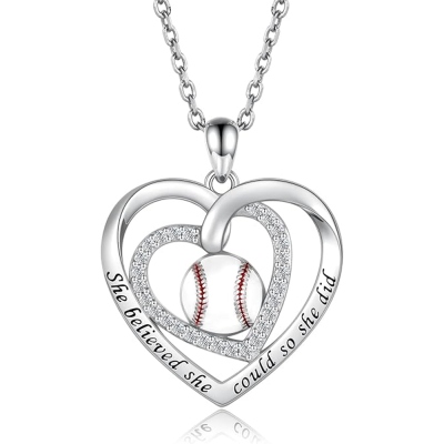 Custom Heart Sports Ball Necklace, Sterling Silver 925 Baseball/Softball/Volleyball/Basketball Heart Pendant Necklace, Gift for Players/Sports Mom