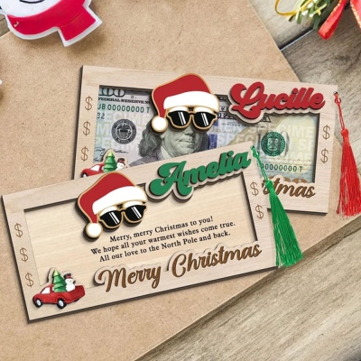 Personalized Name Christmas Money Holder with Tassel, Wooden Santa Money Card, Stocking Stuffer for Kids, Christmas Gift for Family/Kids/Grandparents