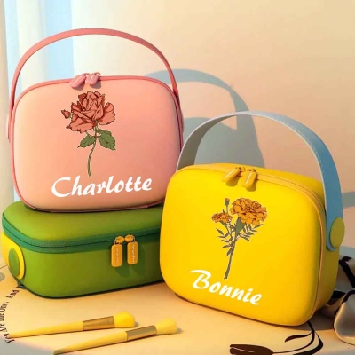 Custom Name Birth Flower Dopamine Color Cosmetic Bag, Travel EVA Anti-Collision & Waterproof Large Capacity Makeup Bag, Gift for Her/Mom/Bridesmaids