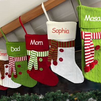 Personalized Name 3 Color Scarf Christmas Stocking, Family Knitting Stocking with Name, Holiday Party Favor Home Decor, Christmas Gift for Family/Kids