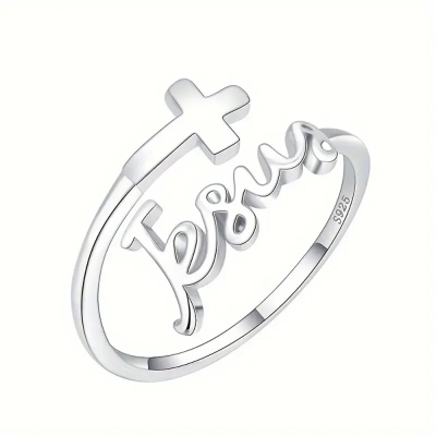 925 Sterling Silver Ring Fashionable Cross with 'Jesus' Design Adjustable Wrap Ring Matches Everyday Clothing Suitable for Men and Women