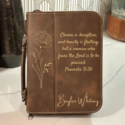 Personalized Name Engraved Leather Bible Cover, Custom Book Bible Case with Cross/Birth Flower, Christmas Gift for Women/Christians/Family/Friends