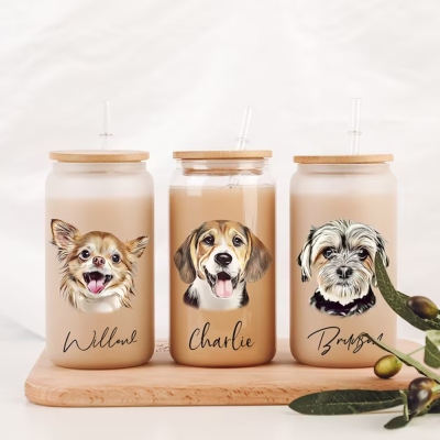 Custom Name Pet Portrait Tumbler, Frosted/Clear Glass Cup with Bamboo Lid & Straw, Cute Coffee Cup, Birthday/Christmas Gift for Dog and Cat Mom/Women