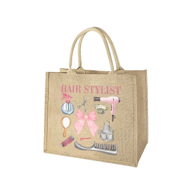 Custom Name Coquette Bow Hairstylist Burlap Tote Bag, Large Capacity Jute Handbag, Hair Salon Favor, Gift for Hairdressers/Hairstylists/Cosmetologists