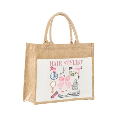 Personalized Name Coquette Bow Hairstylist Burlap Tote Bag, Large Capacity Jute & Cotton Handbag, Hair Salon Favor, Gift for Hairdressers/Hairstylists