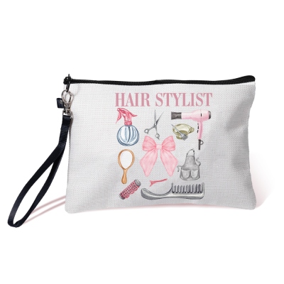 Custom Name Coquette Bow Hairstylist Cosmetic Bag, Linen Makeup Pouch with Zipper & Wrist Strap, Gift for Hairdressers/Hairstylists/Cosmetologists