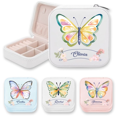 Personalized Name Watercolor Butterfly Jewelry Case, Travel Leather Jewelry Organizer Box, Birthday/Mother's Day/Wedding Gift for Her/Mom/Bridesmaids