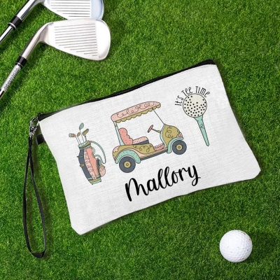 Personalized Name Colorful Golf Cart Cosmetic Bag, Linen Makeup Pouch with Zipper & Wrist Strap, Golf Accessory, Gift for Golf Lovers/Players/Team